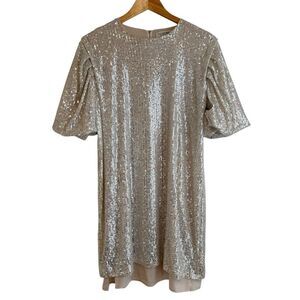 LILI SIDONIO by Molly Bracken Silver and Cream Sequin Balloon Sleeve Mini Dress